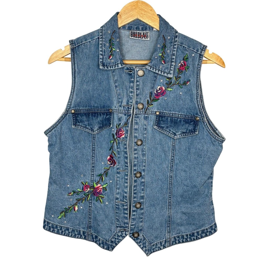 Vintage Bill Blass Denim Vest Medium Blue Floral Embroidered Rhinestone 90s Y2K